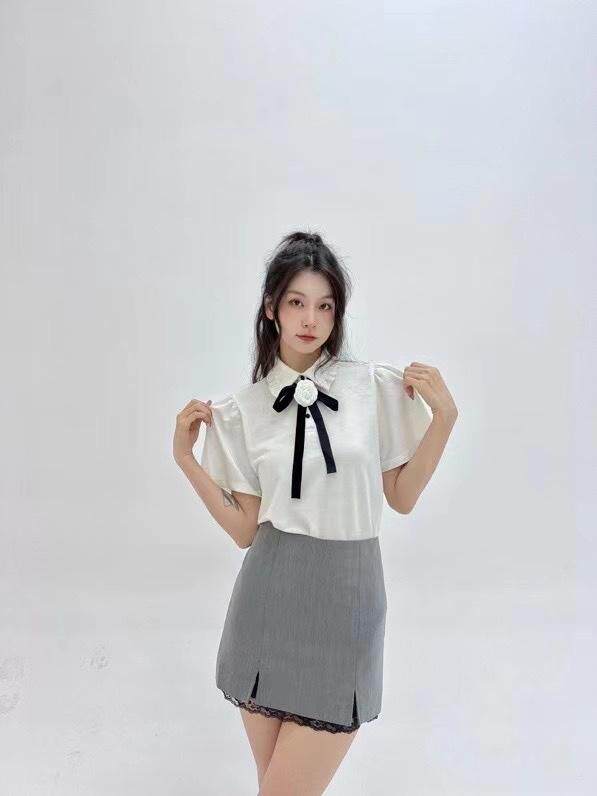 灰色蕾丝蝴蝶结半裙，女装半身裙，HE