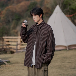 抖音春秋日系复古条纹衬衫男女宽松潮流休闲衬衣DX807P45控79图片