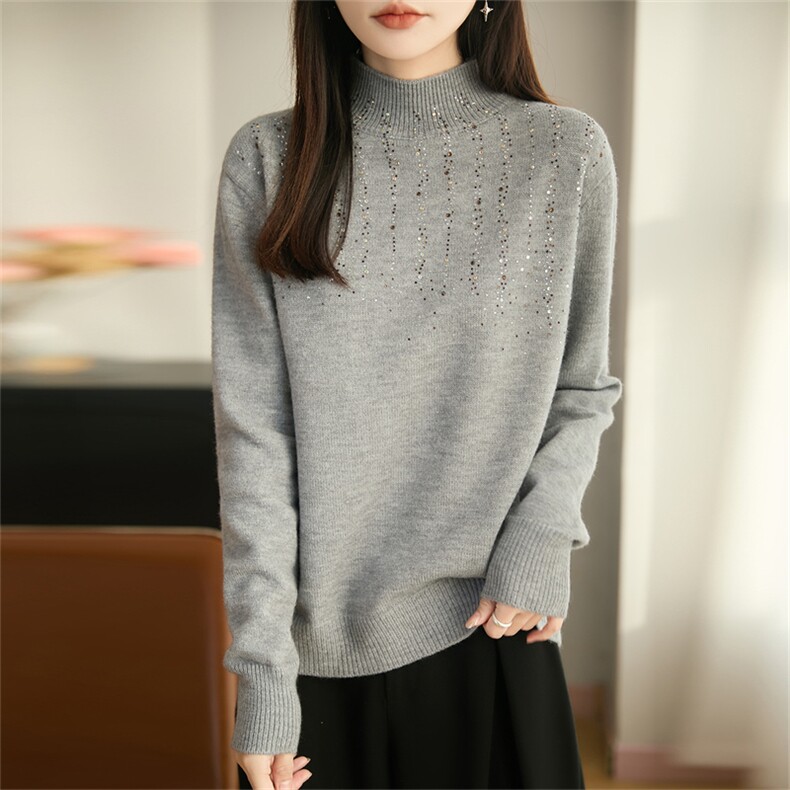 2025年秋季时尚百搭通勤简约休闲半高领烫钻针织衫，女装针织衫/毛衣，郡淞羊绒