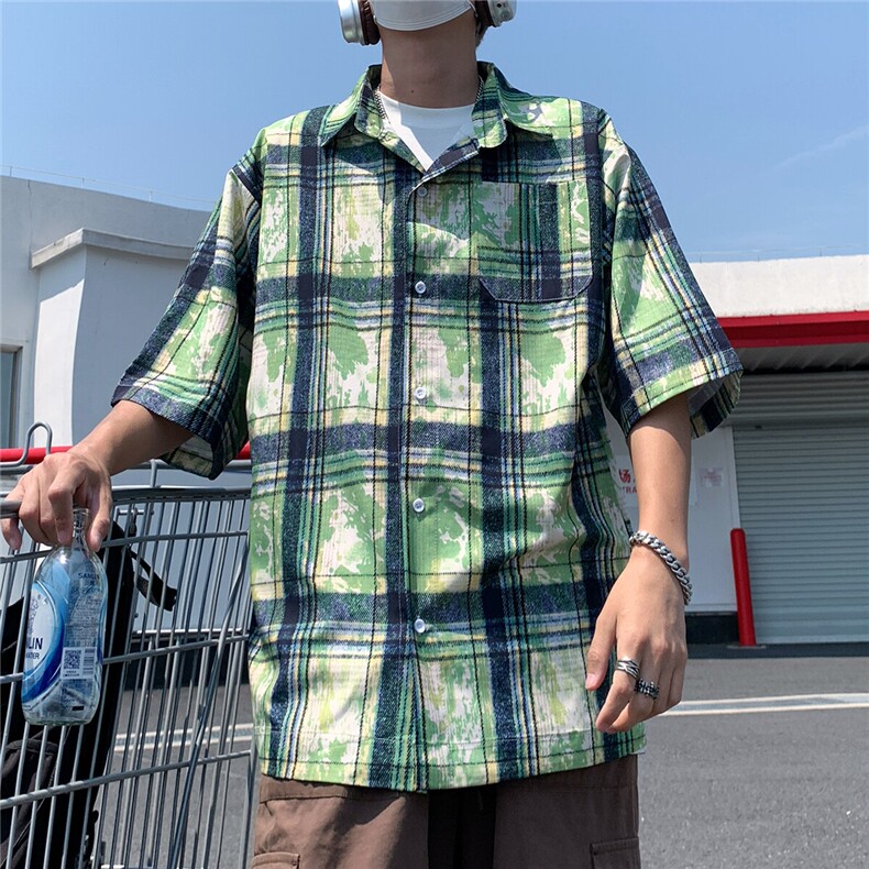 2025美式扎染印花冰丝凉感短袖五分袖格子衬衫CS1866/特P25绿5,男装T恤,电商A094