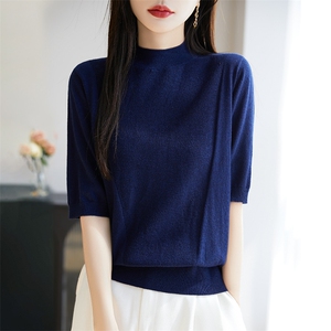 半高领桑蚕丝精纺羊毛针织五分袖上衣女竖纹短袖T恤宽松打底半袖,女装T恤,暖烁羊绒