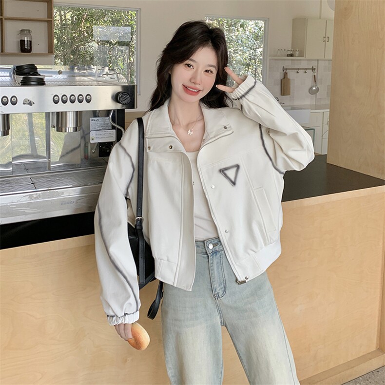 蓝色休闲设计感短外套女2025春季新款韩系小个子宽松时尚立领夹克图片