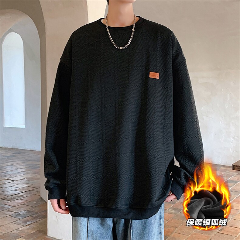 2025冬装圆领加绒卫衣格子大码男纹理提花W678J/特P35黑,男装卫衣,电商A094