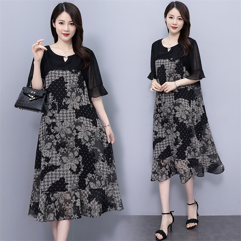 (现货）2025年夏季中长款A型短袖圆领大码连衣裙，女装连衣裙，深妍伊美