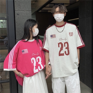 情侣短袖三条杠织带情侣短袖T恤男女宽松重磅体恤上衣G1081P35