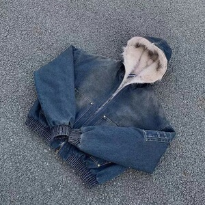 网 连帽牛仔棉服男女水洗重磅座山雕毛领复 B115-P170图片