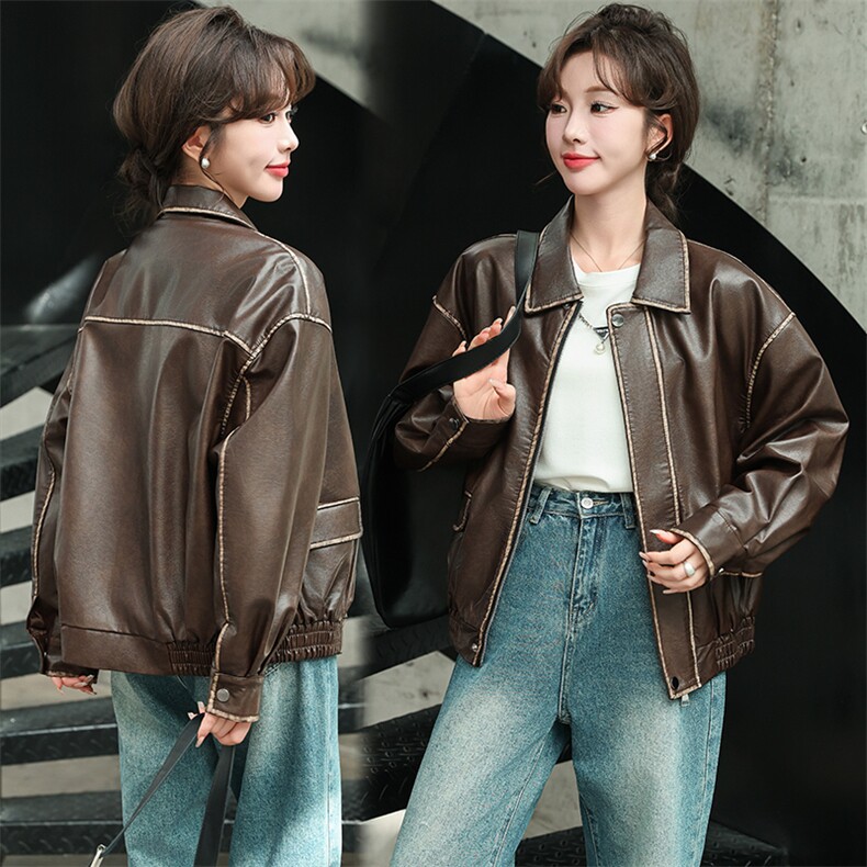 现货美拉德风做旧复古玩味擦色拉链机车PU皮夹克机车皮衣外套女，女装皮衣，潮流依族