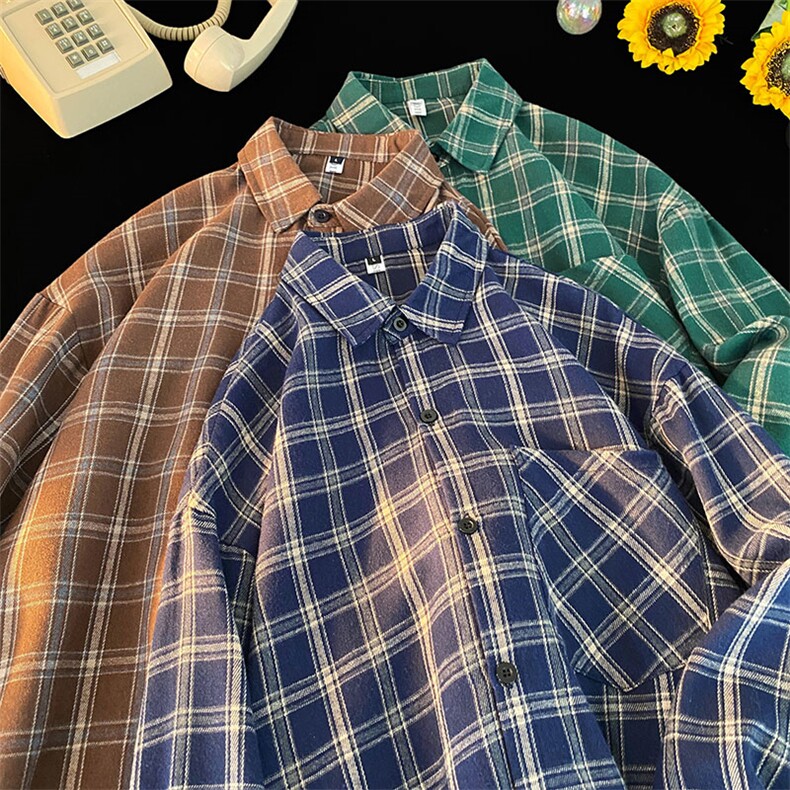 衬衣男秋季新款港风宽松大码磨毛格子长袖衬衫CS530-P38，男装衬衫，星座214-3