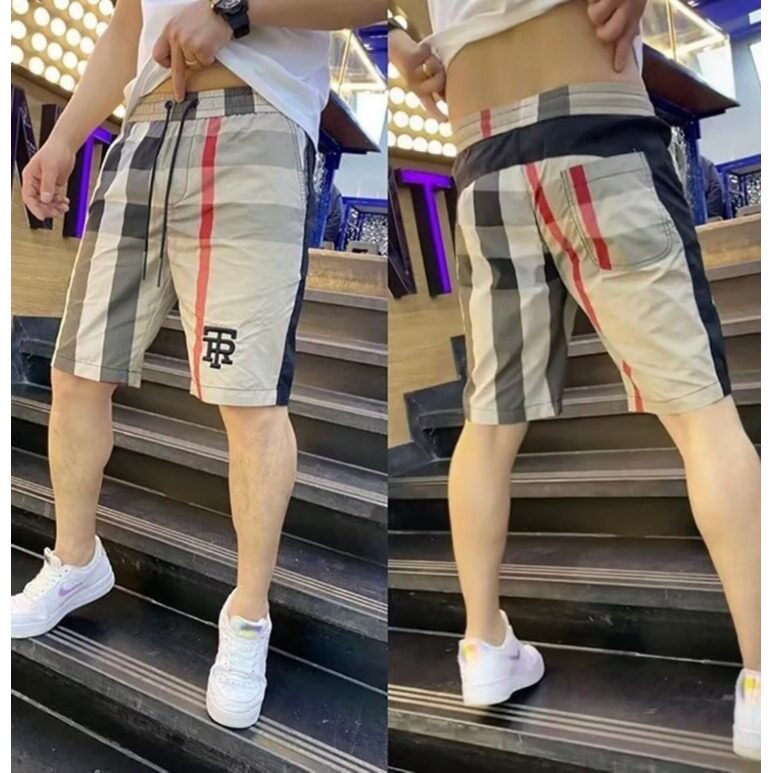 夏季冰丝薄款男士休闲短裤网红外穿潮流速干沙滩裤格子拼色五分裤,男装牛仔裤,星座1210-1