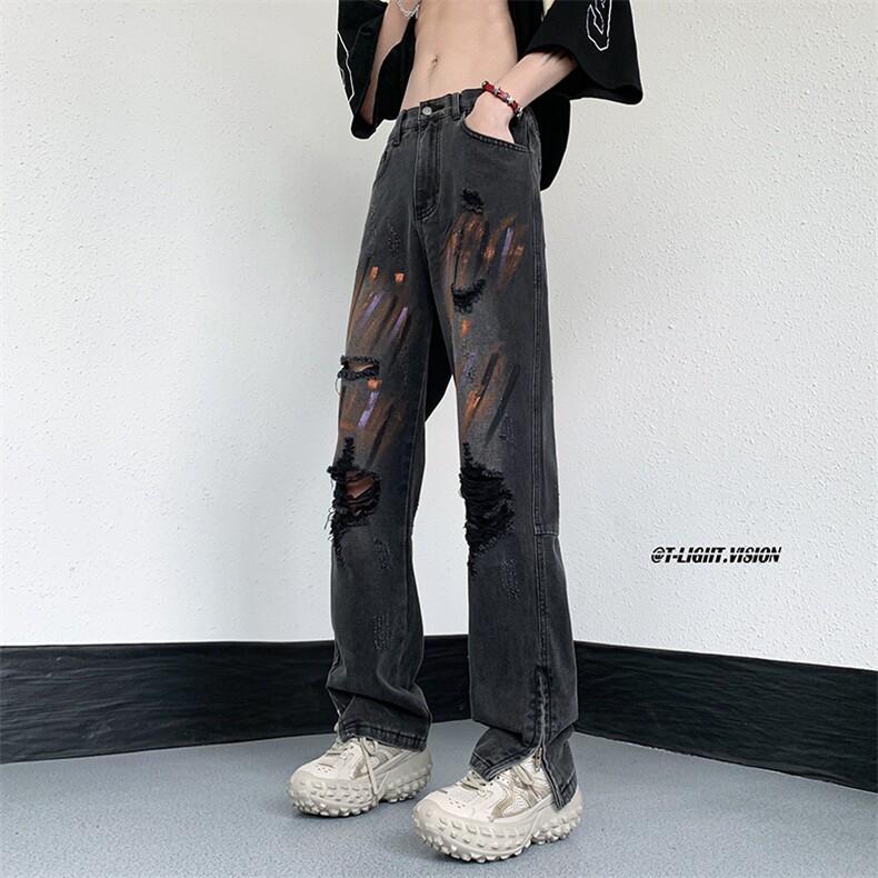 B221 美式ins高街暗黑小众喷墨拉链破洞牛仔裤 LK23085-P65 控88图片