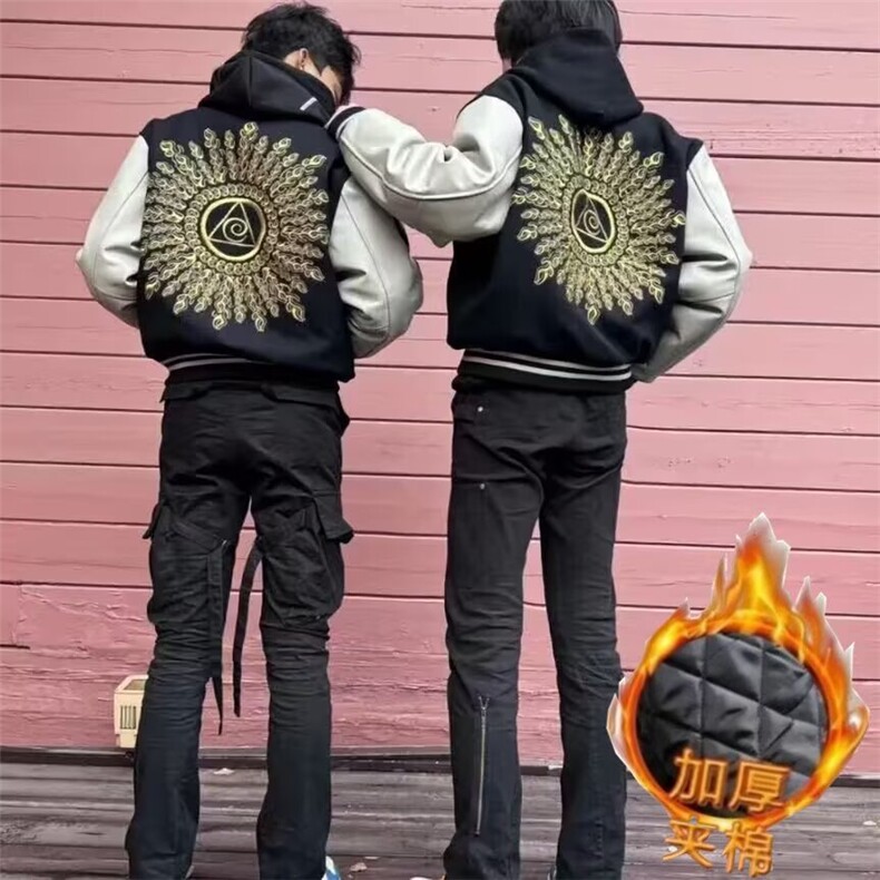 新款百搭慵懒时尚毛呢拼皮面料加大刺绣高质量夹克日系夹棉保暖,男装夹克,星座715-4