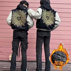 新款百搭慵懒时尚毛呢拼皮面料加大刺绣高质量夹克日系夹棉保暖，男装夹克，星座715-4