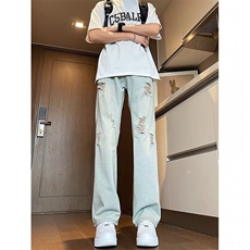 美式牛仔裤男夏季破洞设计感美式高街vibe直筒微喇裤A1700-p45，男装牛仔裤，星座1008