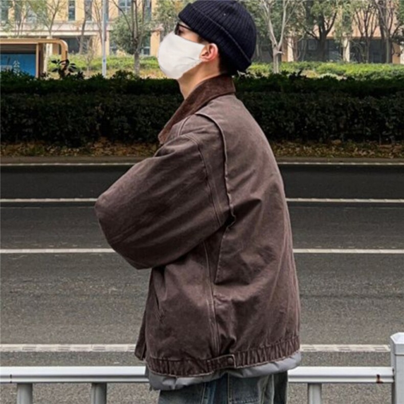 美式复古底特律工装夹克男春秋季潮牌水洗做旧翻领宽松棒球服外套图片
