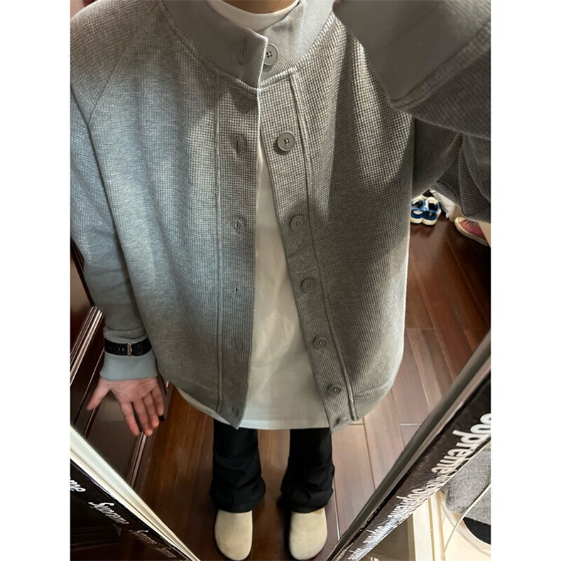 美式chic韩系灰色卫衣外套男春秋季2025新款华夫格棒球服开衫上衣,男装夹克,星座506A