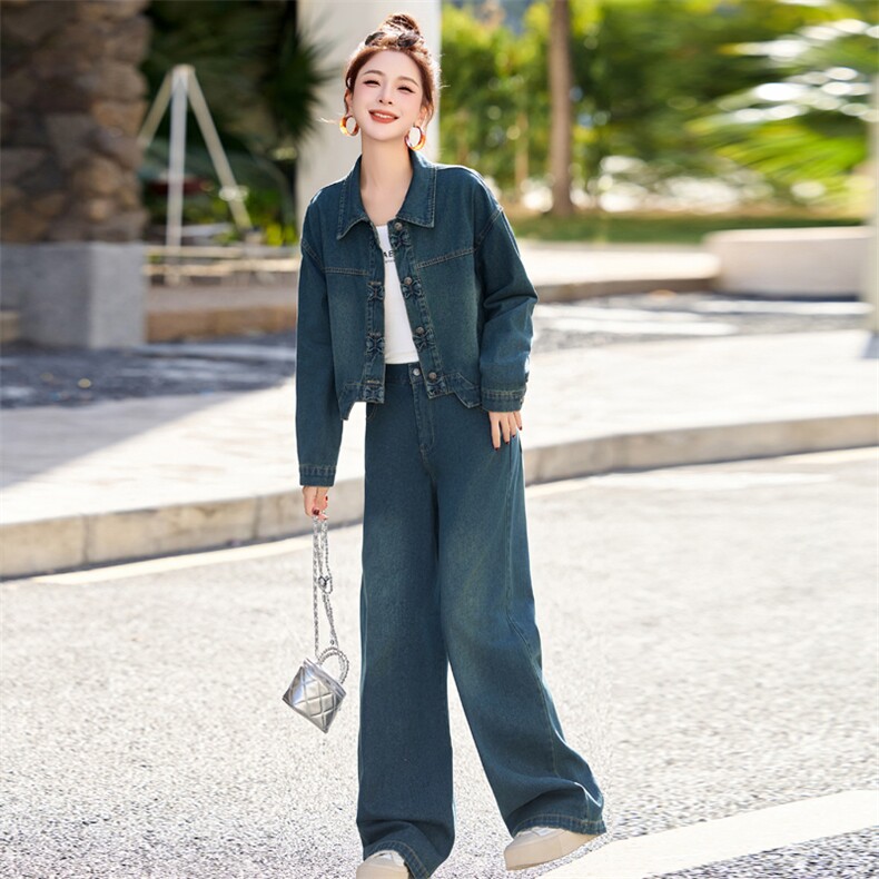 新中式牛仔套装女2025春新款超好看独特漂亮超火减龄阔腿裤两件套,女装套装/套裙,欣品汇