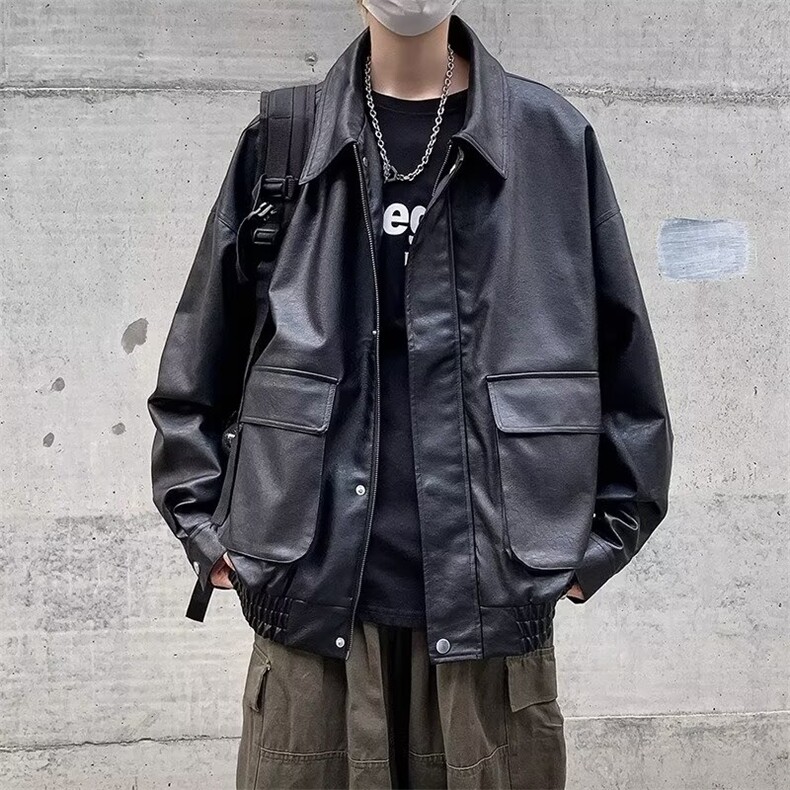 机车皮衣外套男潮ins高街痞帅翻领上衣秋季宽松潮牌夹克PU906/P75,男装夹克,星座506