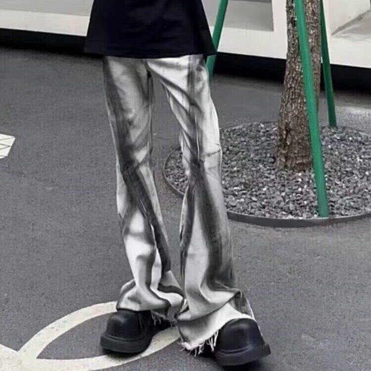 CP1221-P52高街美式毛边脏污撞色牛仔裤男潮牌复古设计感喇叭裤,男装牛仔裤,电商B323A