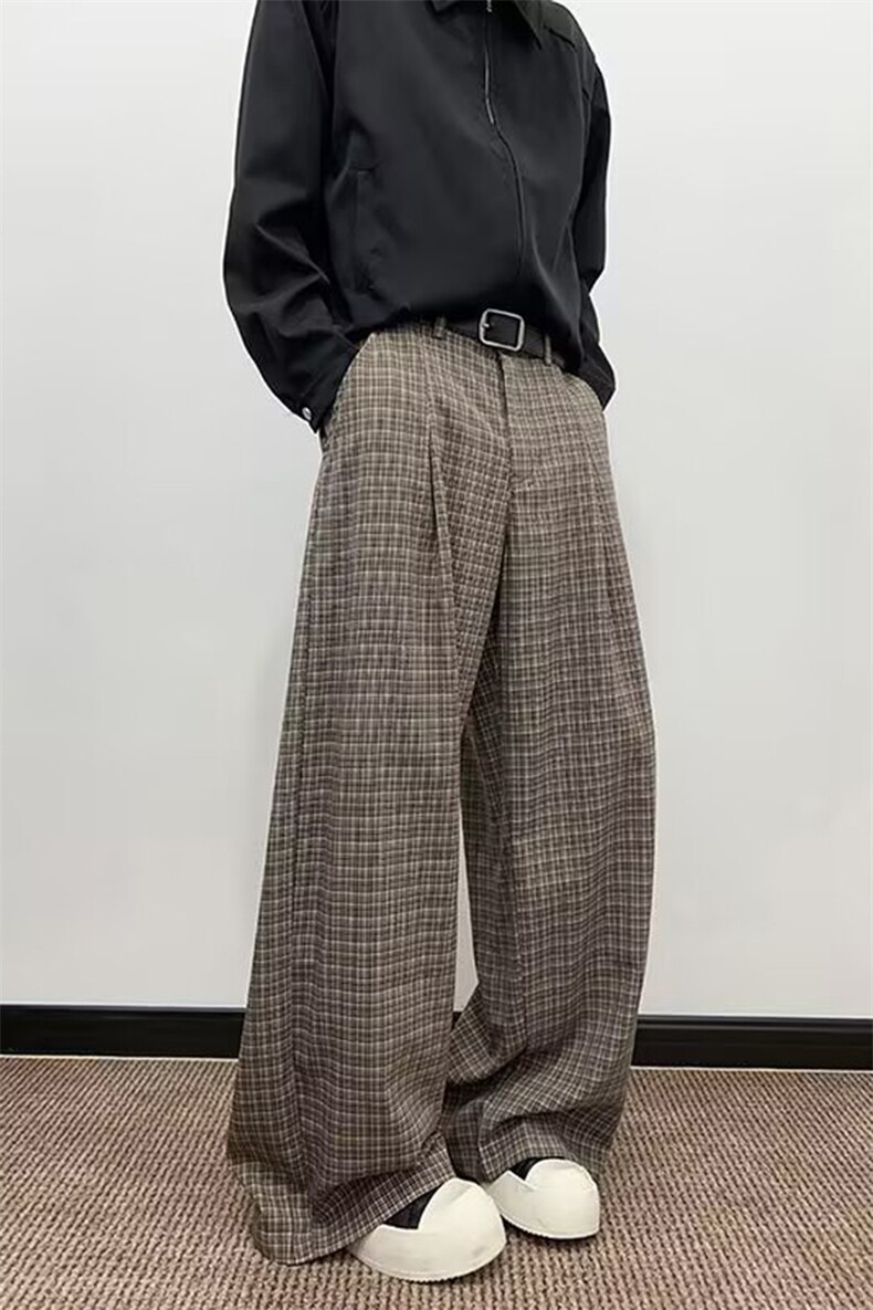 A2312TP45-秋季新款2025美式复古格纹阔腿休闲裤男高级感拖地裤子,男装休闲裤,电商B241