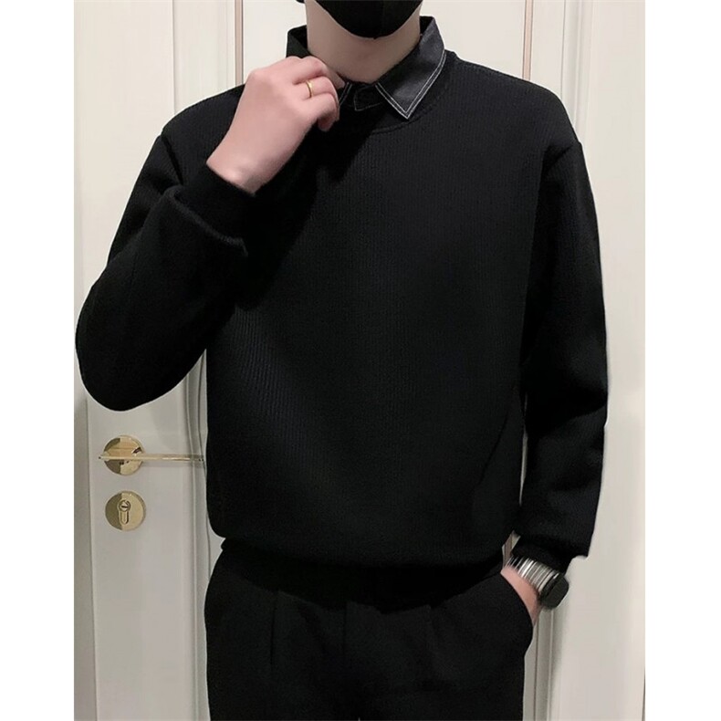 假两件男毛衣秋冬季加绒加厚衬衫领针织衫保暖带领毛线衣 MA270图片