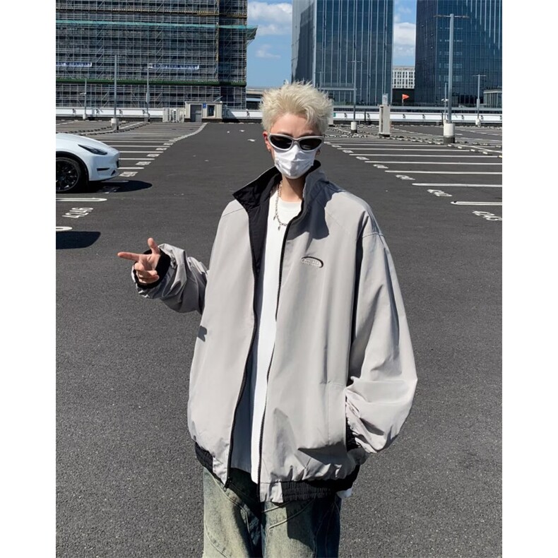 两面穿三条杠外套男女2024秋季薄款美式立领运动情侣夹克W9323,男装夹克,星座1116A-1（原606A）
