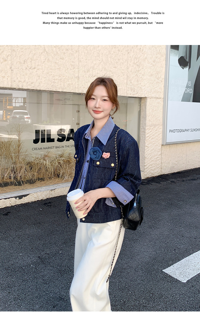 气质高级感短夹克深蓝色假两件衬衫领小香风外套女秋,女装短外套,浙宝238