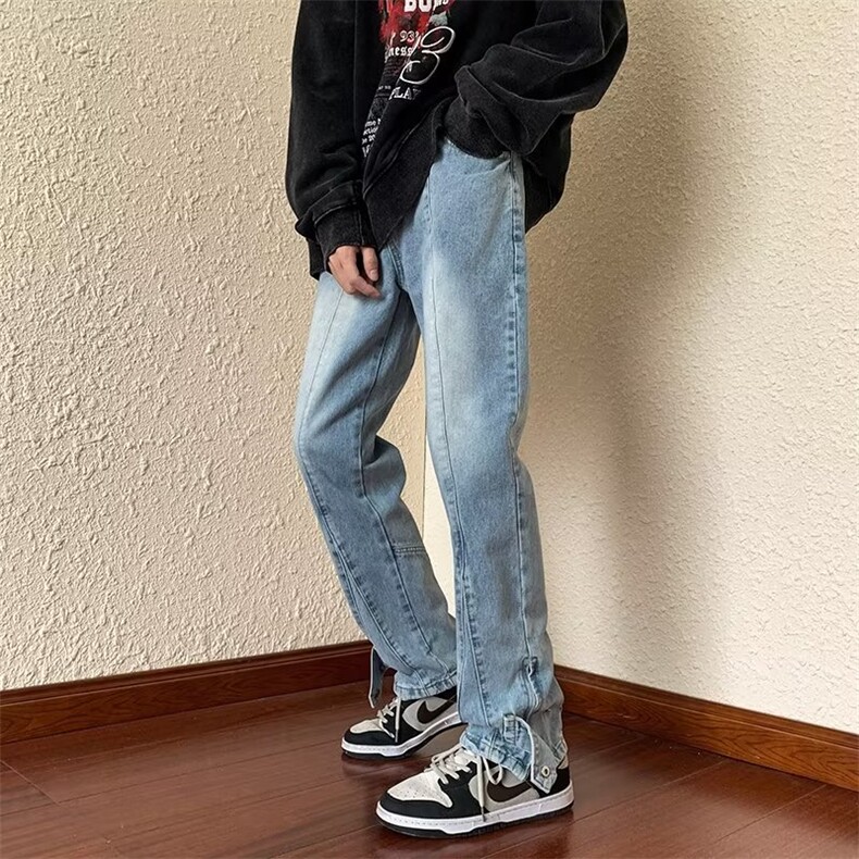 牛仔裤男春季美式高街拉链开叉长裤潮牌宽松阔腿休闲裤K5027-P48,男装牛仔裤,星座512-2
