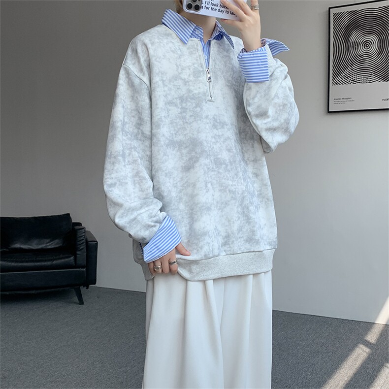 新款假两件条纹拉链衬衫领休闲春款卫衣高街休闲学院卫衣特P50,男装卫衣,电商B319