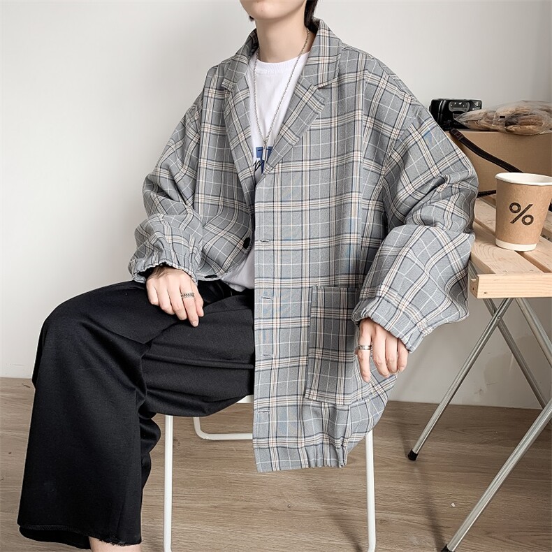 20港风秋款男千鸟格西装宽松风衣外套松紧西服W02P60,男装西服,星座1013-1