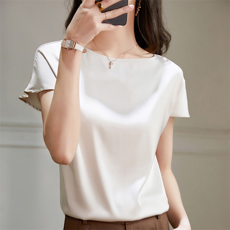 2025新款夏季真丝缎面短袖t恤女纯色桑蚕丝韩版宽松百搭显瘦上衣,女装T恤,澳冬特羊绒