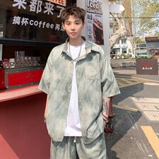 2026美式扎染印花冰丝凉感短袖碎花衬衫薄套装TZ5655/特P45绿，男装T恤，电商A094