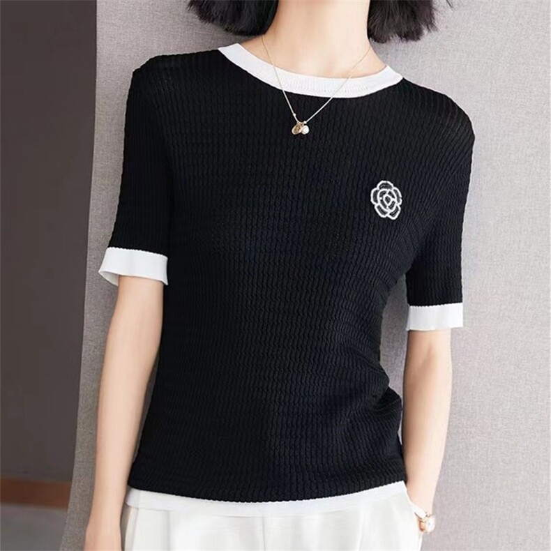 2024新款山茶花冰丝短袖t恤女圆领修身显瘦针织衫,女装羊毛衫,珍珑羊绒