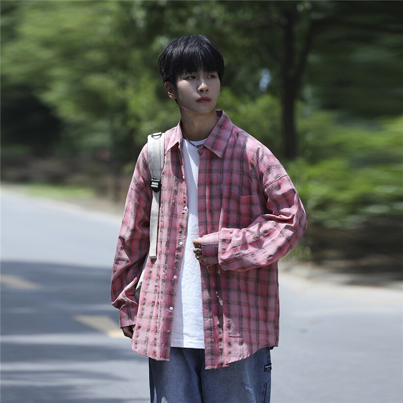 抖音日销2千件格子衬衫男长袖宽松休闲衬衣CS7219P55控88,男装衬衫,电商B413-1