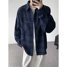 衬衫男秋季新款港风宽松大码磨毛格子长袖衬衣CS500-P35，男装衬衫，星座214-3