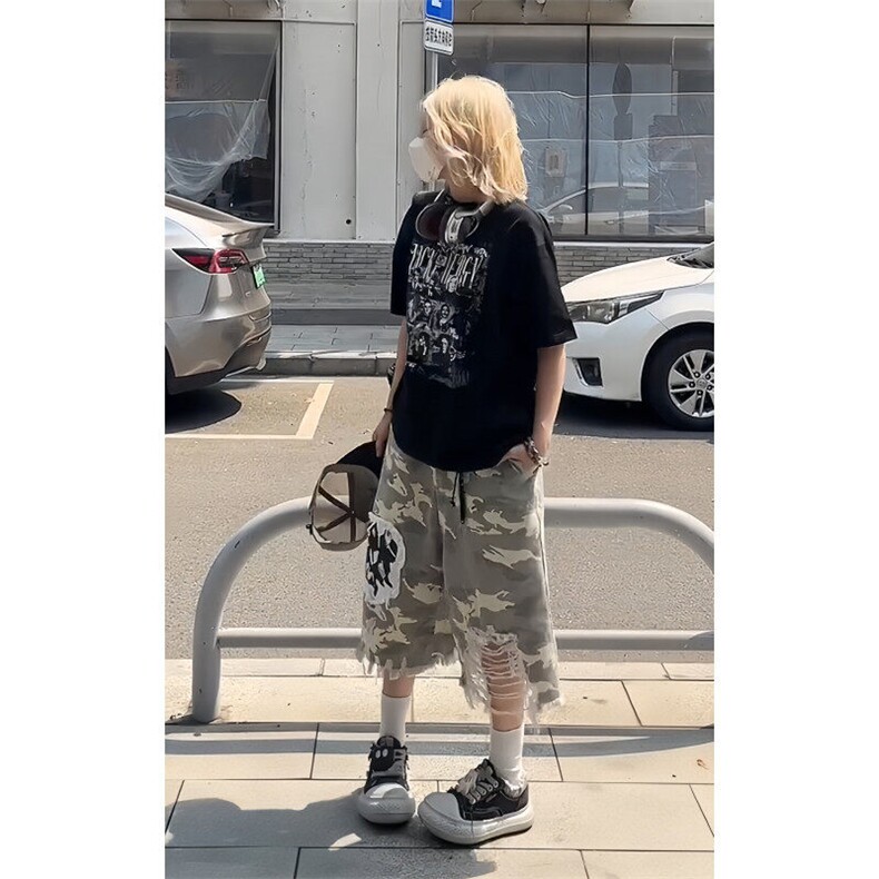 【有货】A339CC-特P48美式复古破洞补丁迷彩七分短裤男女,男装牛仔裤,星座1007（原301D）