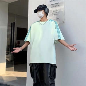 抖音得物品质二开240克宽松纯棉美式潮牌印花三条杠中性风短袖T恤图片