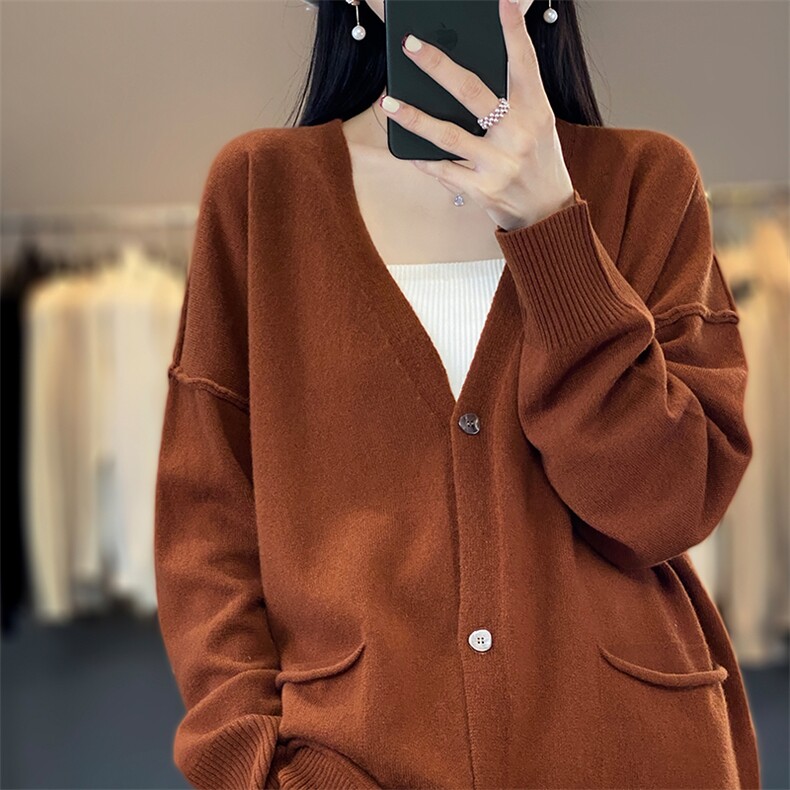 时尚百搭宽松羊毛开衫女秋冬季新款V领长袖针织衫外套上衣,女装羊毛衫,绒迪羊绒