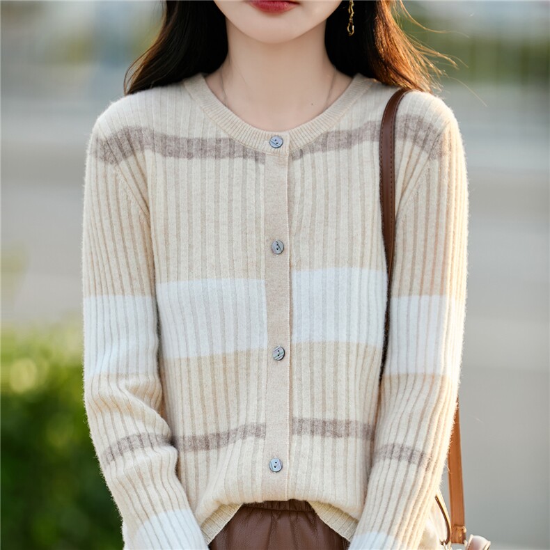100%纯羊毛开衫女圆领条纹拼色针织山毛衣外套宽松坑条羊绒衫上衣，女装羊毛衫，蒙特羊绒