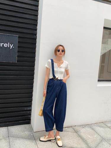 一条肩带收口牛仔裤，女装牛仔裤，肆尔