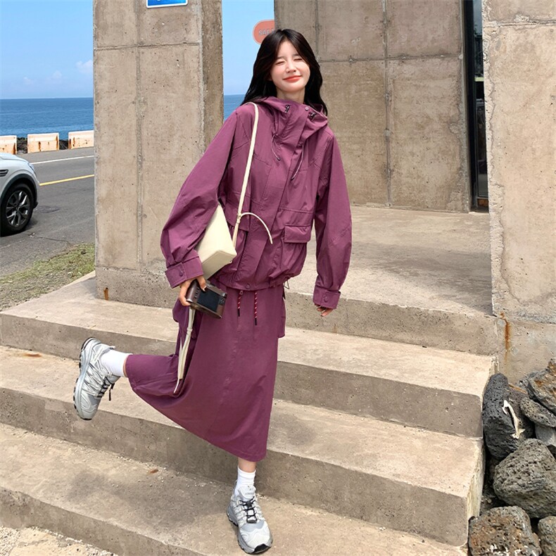 紫色连帽工装风外套半身裙套装女春秋新款韩系休闲小个子两件套潮,女装套装/套裙,2C007