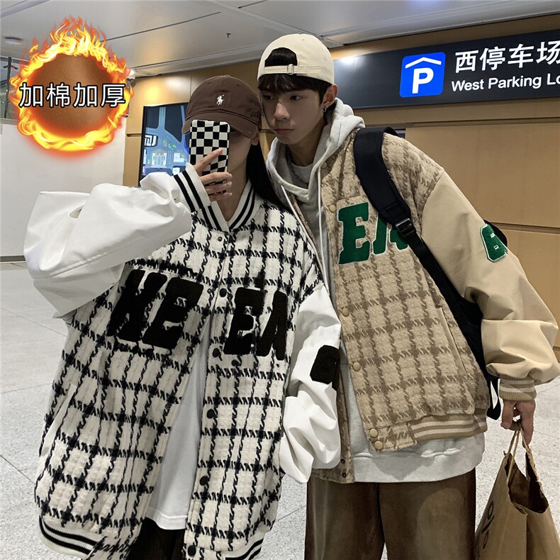 EQ85 加厚秋季新款港风男棒球服夹克毛巾绣格子呢料外套学生 P113图片