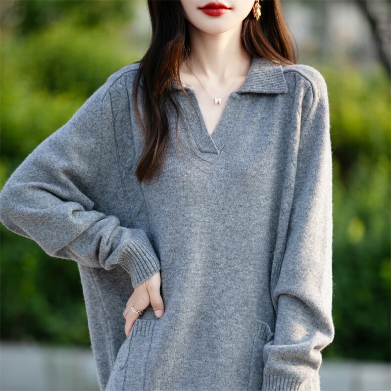 POLO领100%纯羊毛针织衫女外穿宽松毛衣2025秋冬翻领上衣,女装羊毛衫,鲁菏羊绒