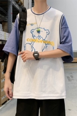 港风假两件拼色纯棉夏季新款短袖T恤宽松新潮T633P40控58，男装T恤，电商A268A
