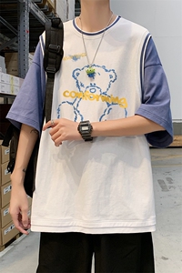 港风  假两件拼色纯棉夏季新款短袖T恤宽松新潮 T633  P40控58图片
