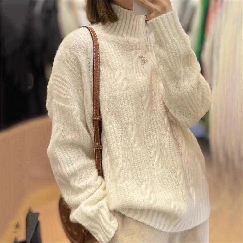 半高领毛衣女秋冬2024新款宽松慵懒风针织衫长袖上衣,女装羊毛衫,思途羊绒