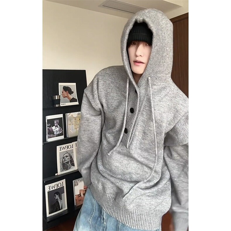 网图M2837-特P60灰色连帽针织毛衣男款冬季慵懒高级感针织衫外套,男装针织衫/毛衣,电商D310B