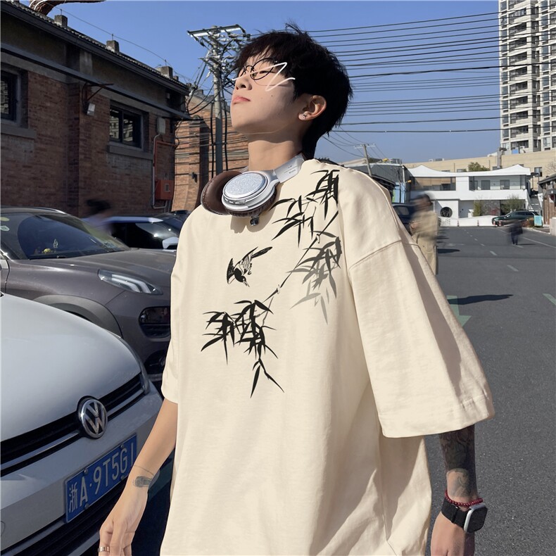 抖音品质直播得物风新中式竹叶印花短袖T恤dcm298-特批20控38,男装T恤,星座605(原A050)