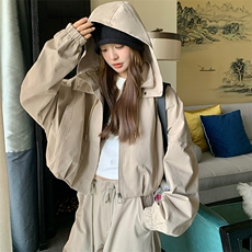 K姐户外风尼龙绉短款宽松连帽气质花苞外套女，女装短外套，纯色衣恋