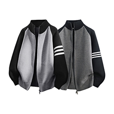 重磅秋冬北极绒开衫毛衣美式复古休闲慵懒风撞色立领针织衫外套，男装针织衫/毛衣，电商A443