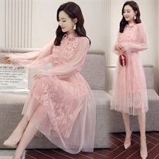 连衣裙蕾丝2021春季纱网修身百搭知性优雅简约POLO领，女装连衣裙，瑶迪依秀